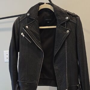 Mackage Textured Black Leather Jacket with Silver Details